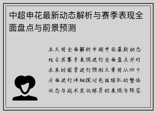中超申花最新动态解析与赛季表现全面盘点与前景预测