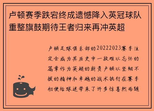 卢顿赛季跌宕终成遗憾降入英冠球队重整旗鼓期待王者归来再冲英超